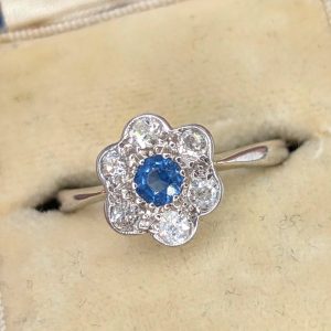 Antique 18ct White Gold Sapphire & Old Cut Diamond Daisy Cluster Ring