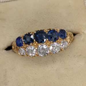 Antique Victorian 18ct Gold 2-Row Sapphire & Diamond Half Hoop Ring