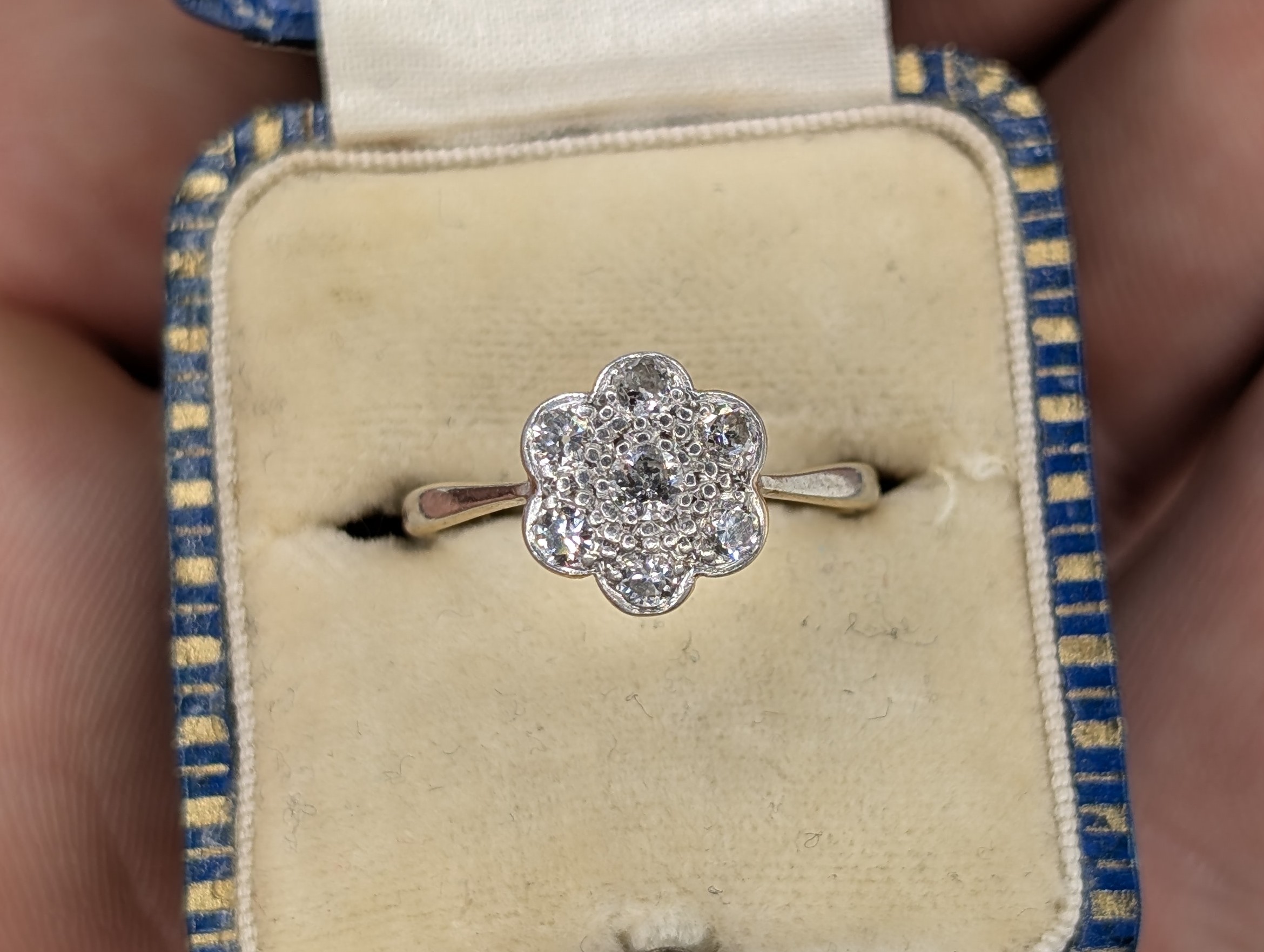 Antique Edwardian 18ct Gold & Platinum Old Cut Diamond Daisy Cluster Ring