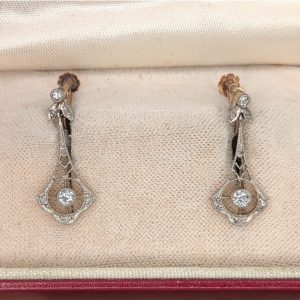 Antique Edwardian 18ct Gold, Platinum & Old Cut Diamond Articulated Drop Earrings