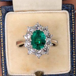 18ct White Gold Natural Emerald & Diamond Cluster Ring