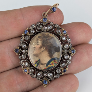 Antique Victorian 15ct Gold, Silver, Sapphire & Rose Cut Diamond Portrait Locket Pendant