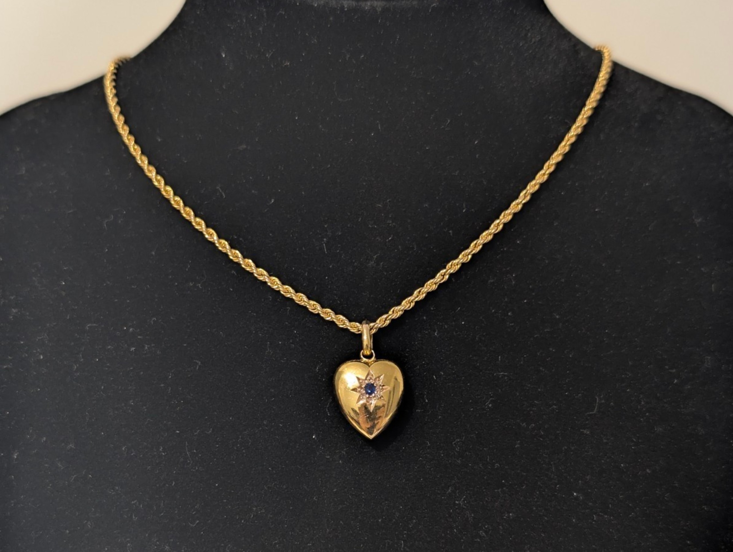Antique Victorian 15ct Gold Sapphire & Diamond Heart Pendant with 9ct Gold Chain – Chester 1898/99