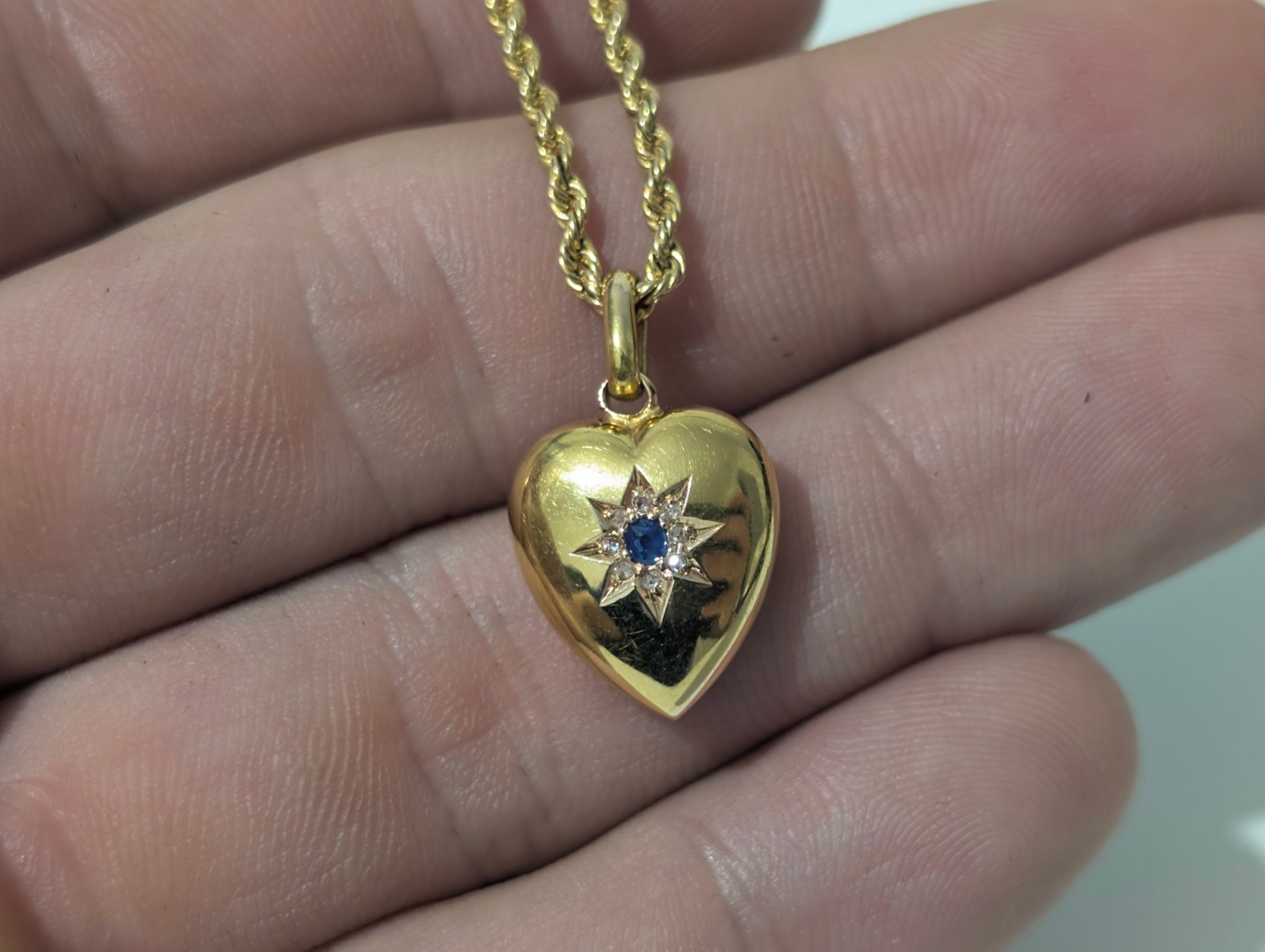 Antique Victorian 15ct Gold Sapphire & Diamond Heart Pendant with 9ct Gold Chain – Chester 1898/99 - Image 3