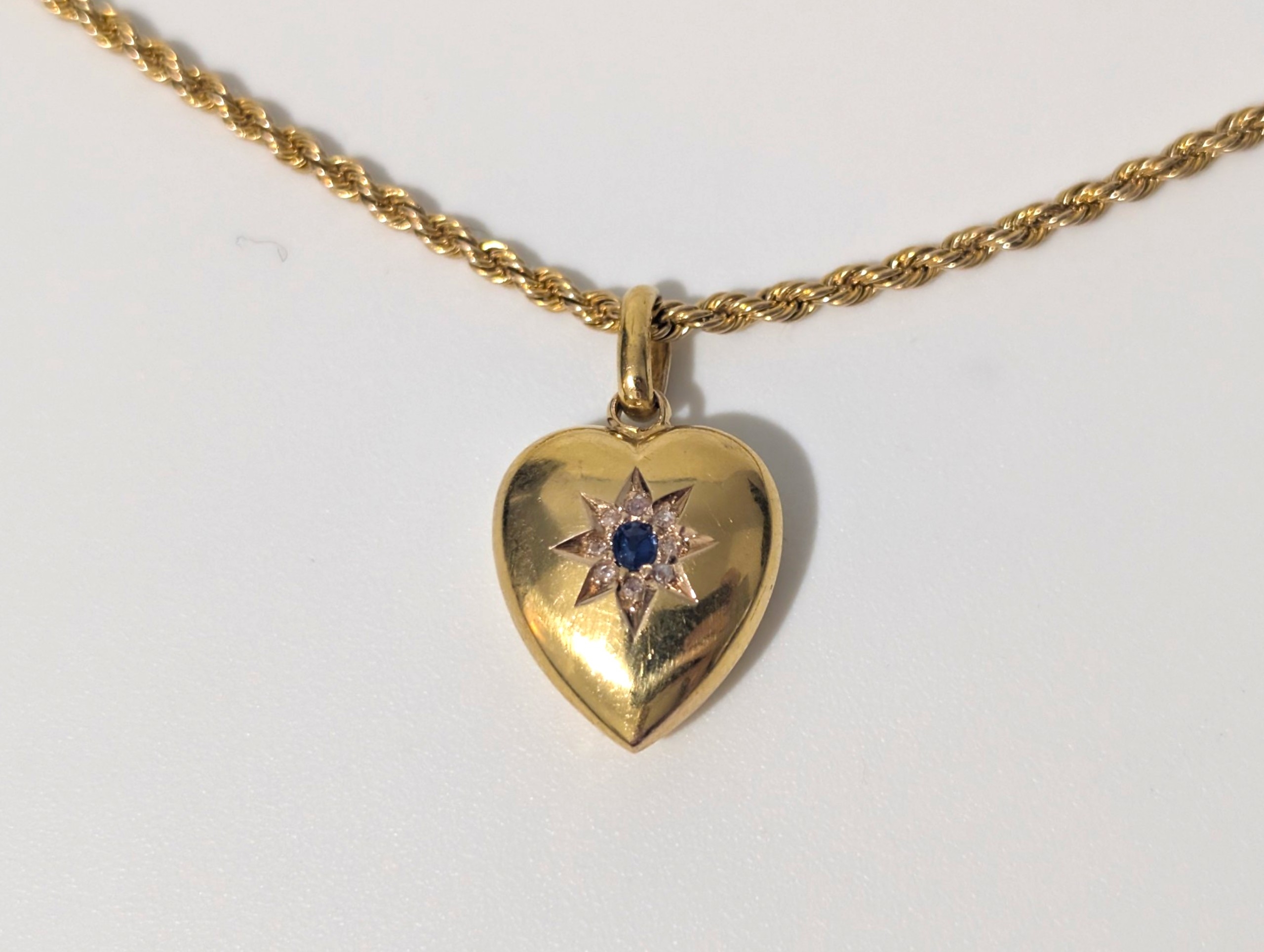 Antique Victorian 15ct Gold Sapphire & Diamond Heart Pendant with 9ct Gold Chain – Chester 1898/99 - Image 2