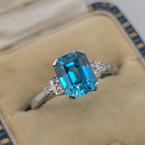 Original Art Deco 18ct White Gold Blue Zircon & Diamond Ring