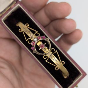 Antique Victorian 9ct Gold Ruby & Seed Pearl Crescent Moon Hinged Bangle