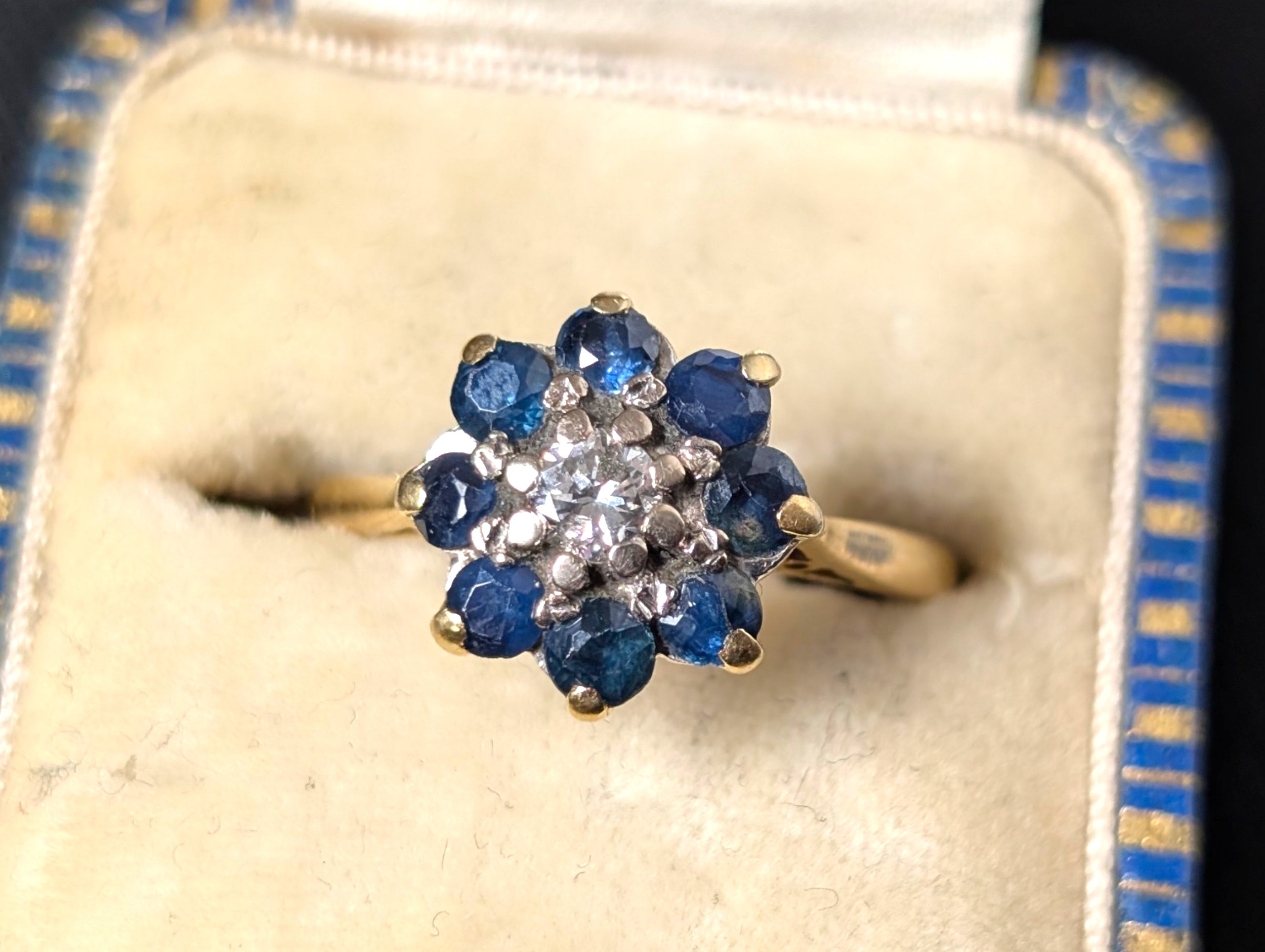 Antique Edwardian / Art Deco 18ct Gold Sapphire & Diamond Cluster Ring