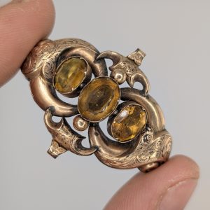 Antique Victorian Citrine / Cairngorm Brooch – Engraved Gold Pinchbeck Style Antique Jewelry