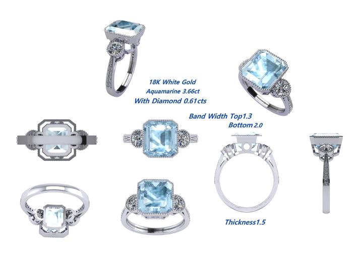 Aquamarine and diamond Art Deco style ring CAD design