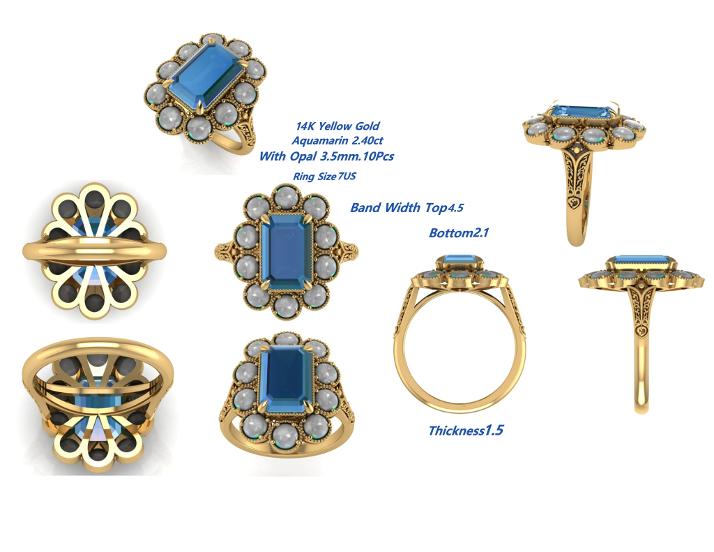 Aquamarine and opal bespoke ring CAD design