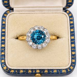 18ct Gold 3.35ct Natural Blue Zircon & Diamond Victorian Revival Cluster Ring