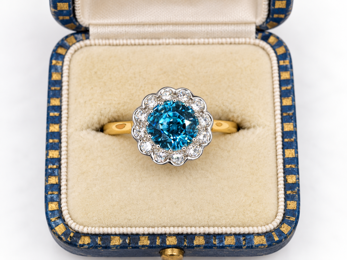 18ct Gold 3.35ct Natural Blue Zircon & Diamond Victorian Revival Cluster Ring