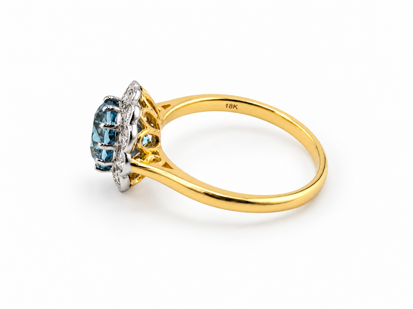 18ct Gold 3.35ct Natural Blue Zircon & Diamond Victorian Revival Cluster Ring - Image 4