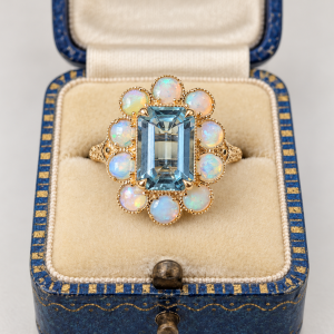 14ct Gold Aquamarine & Australian Opal Victorian Revival Cluster Ring