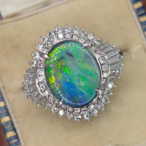 Modern Platinum Black Opal & 1.10ct Diamond Ballerina Statement Ring