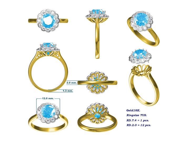 Blue zircon and diamond bespoke ring CAD design
